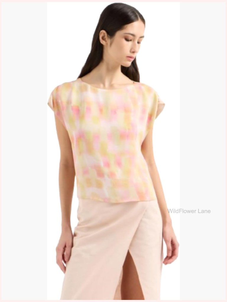 All Over Patterned Printed Cap Sleeve Boat Neck Top - Viscose